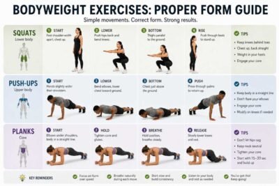 Educational guide showing proper form for Squats, Push-ups, and Planks with step-by-step instructions and tips.
