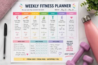 A colorful Weekly Fitness Planner document showing a schedule for May 20-26, including workout types, habit tracker, and weekly goals.