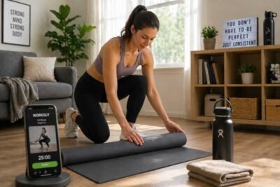 Woman rolling out a black yoga mat in a bright living room with a smartphone displaying a 25-minute full body beginner workout timer.