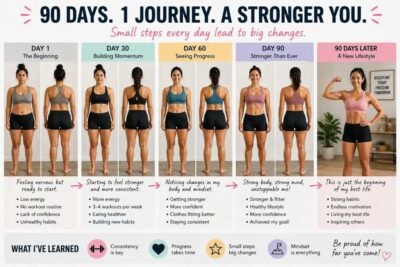 Infographic titled "90 Days. 1 Journey. A Stronger You" showing a woman's fitness progression from Day 1 to Day 90 with milestones and mindset shifts.