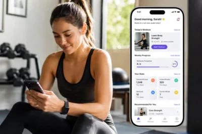 Woman checking Delta Fitness Authority personalized workout plan on smartphone app in home gym setting