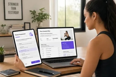 Woman completing Delta Fitness Authority assessment on tablet receiving custom 4-week strength program on laptop