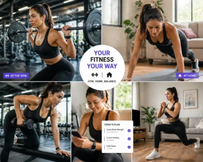 Delta Fitness Authority hybrid training - woman working out at gym and home with flexible personalized fitness plans