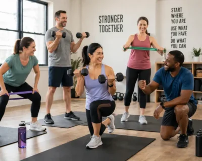 Diverse group training together at Delta Fitness Authority hybrid fitness community with motivational atmosphere