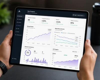Delta Fitness Authority progress tracking dashboard showing strength gains, body measurements, and workout consistency analytics