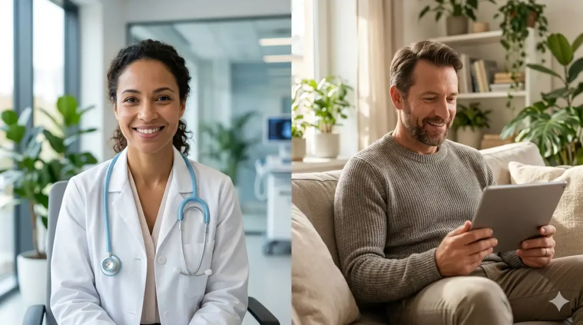 Split screen showing a professional female doctor and a male patient using a tablet for a virtual health consultation.