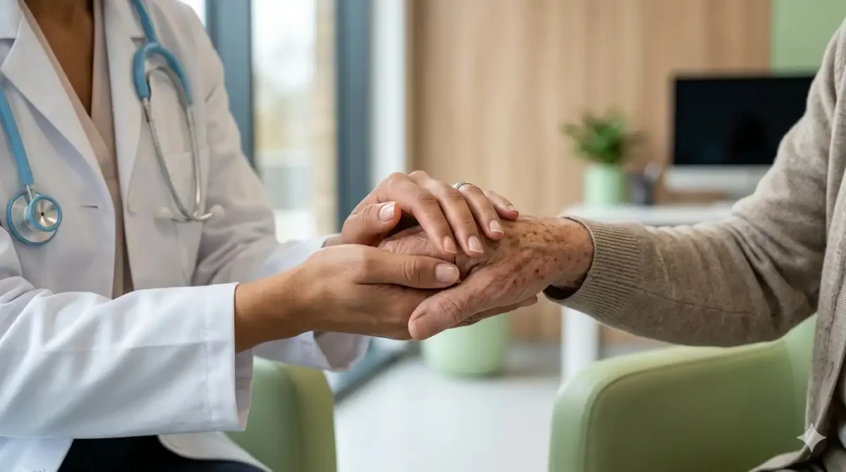 Close-up of a doctor’s hand holding an elderly patient’s hand in a modern clinic to show trust and quality care.