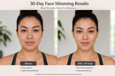 30-day face slimming transformation before and after showing defined jawline and reduced facial puffiness from natural face yoga and lymphatic drainage routine