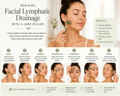 Step-by-step facial lymphatic drainage massage tutorial using jade roller showing 7 techniques for neck, jawline, cheeks, under eyes, forehead, and brows to reduce puffiness