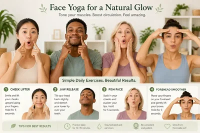 Diverse group performing beginner face yoga exercises for natural glow including cheek lifter, jaw release, fish face, and forehead smoother techniques