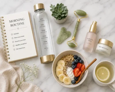 Morning wellness routine flatlay with jade roller, gua sha stone, hydrating serum, healthy breakfast bowl, water bottle and face yoga tracker for natural face slimming