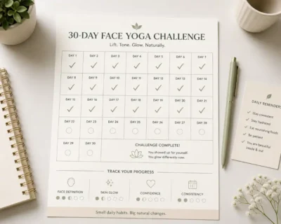 30-day face yoga challenge calendar tracker with daily checkboxes for natural jawline definition and cheek slimming routine at home