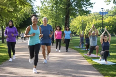 "Diverse group exercising outdoors in park showing beginner-friendly exercise routines for sustained weight management - jogging walking yoga for all ages fitness levels"