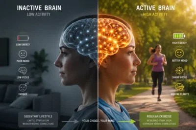 "Inactive vs active brain comparison showing neurochemical benefits of moderate intensity exercise for mental clarity - low energy poor mood versus high energy sharp focus"