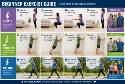 "Beginner exercise guide step-by-step instructions for squats wall push-ups walking simple moves for stronger healthier you all ages fitness levels"