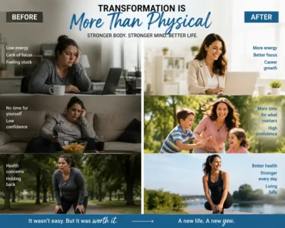 "Before and after lifestyle transformation showing stronger body stronger mind better life - low energy lack of focus to more energy better focus career growth high confidence"