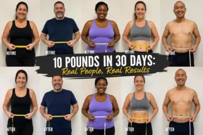 Real people before and after losing 10 pounds in 30 days safely, showing measuring tape results and sustainable weight loss transformations