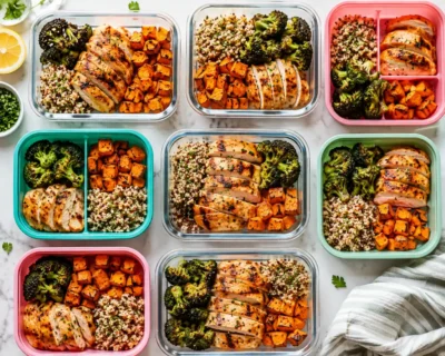 Sustainable calorie deficit meal prep with grilled chicken, broccoli, sweet potato, and quinoa for rapid weight loss in 30 days safely