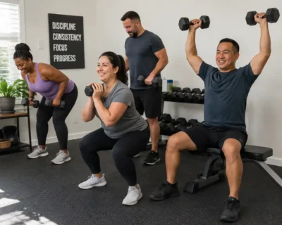 Diverse group doing beginner strength training with dumbbells in home gym, metabolism-boosting workout for safe 10-pound weight loss in 30 days