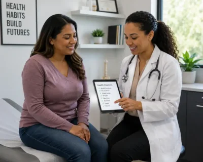 Female doctor reviewing health checklist and doctor approval form with patient before starting safe 10-pound weight loss plan in 30 days