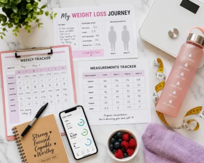 30-day weight loss tracker with measurement charts, weekly journal, portion control guide, water bottle, and progress tracking tools for losing 10 pounds