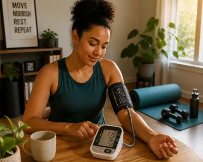 Woman monitoring blood pressure at home with digital monitor, yoga mat and dumbbells in background, natural exercise routine for hypertension management