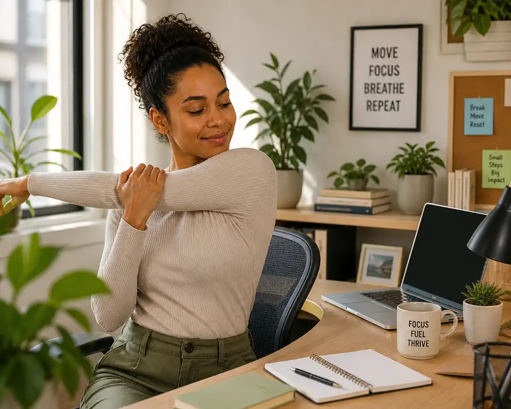 Remote worker taking movement break with desk stretches, home office setup with laptop and plants, cognitive benefits of movement breaks for focus and productivity