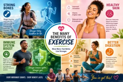 The many benefits of exercise infographic showing strong bones, healthy skin, immune system boost, and better digestion with diverse active people