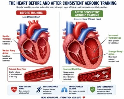 Heart before and after consistent aerobic training comparison showing increased ventricle size, stronger pump action, and improved blood flow with medical illustration