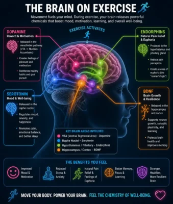 The Brain on Exercise infographic showing dopamine, serotonin, endorphins and BDNF release during physical activity, neurochemical responses that boost mood and cognition